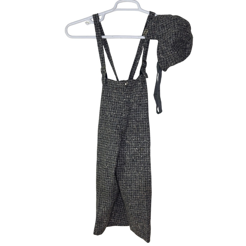 Vintage 50s Kids Medium Overalls Pants Set Hat Tweed Wool Blend Costume Handmade